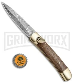9" Damascus Leverlock Dark Wood Automatic Knife - Dagger Damascus Plain -Kershaw Sale Store 8.75in LL Dagger Stiletto Dark Wood Damascus LV1R BHQ 71506 jr bottlecap large