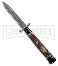 9" AKC Stag Hornw/ Black Bolsters Italian Swinguard Auto Knife - Damascus Bayo