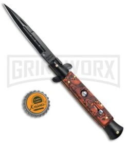 9" Anomaly Stiletto Red Skull Automatic Knife - Bayonet Black Plain -Kershaw Sale Store 9in Anomaly Stiletto Red Skull Bayo Black Plain A150ZR BP 23751 jr bottlecap large