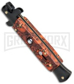 9" Anomaly Stiletto Red Skull Automatic Knife - Bayonet Black Plain -Kershaw Sale Store 9in Anomaly Stiletto Red Skull Bayo Black Plain A150ZR BP 23751 jr spine large