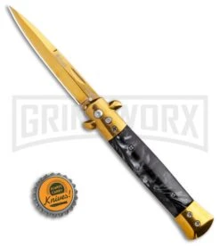 9" Milano Stiletto Black Marble Gold Blade Automatic Knife - Gold Plain -Kershaw Sale Store 9in Milano Stiletto Black Marble Gold Blade Automatic Knife Gold Plain GSE018GDMBK GX 35286 LS Bottlecap 2 large