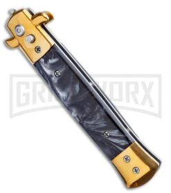 9" Milano Stiletto Black Marble Gold Blade Automatic Knife - Gold Plain -Kershaw Sale Store 9in Milano Stiletto Black Marble Gold Blade Automatic Knife Gold Plain GSE018GDMBK GX 35286 LS Spine 2 large