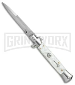 9" Italian Style Stiletto White Pearlex Automatic Knife - Bayonet