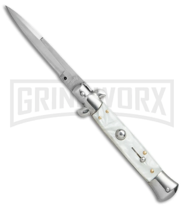 9" Italian Style Stiletto White Pearlex Automatic Knife - Bayonet 1 9" Italian Style Stiletto White Pearlex Automatic Knife - Bayonet