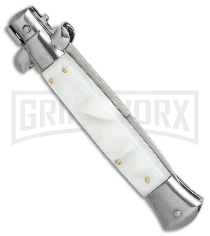 9" Italian Style Stiletto White Pearlex Automatic Knife - Bayonet 3 9" Italian Style Stiletto White Pearlex Automatic Knife - Bayonet - Image 3
