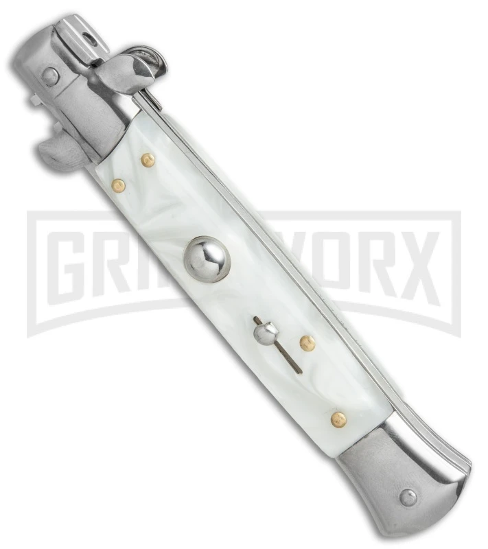 9" Italian Style Stiletto White Pearlex Automatic Knife - Bayonet 2 9" Italian Style Stiletto White Pearlex Automatic Knife - Bayonet - Image 2
