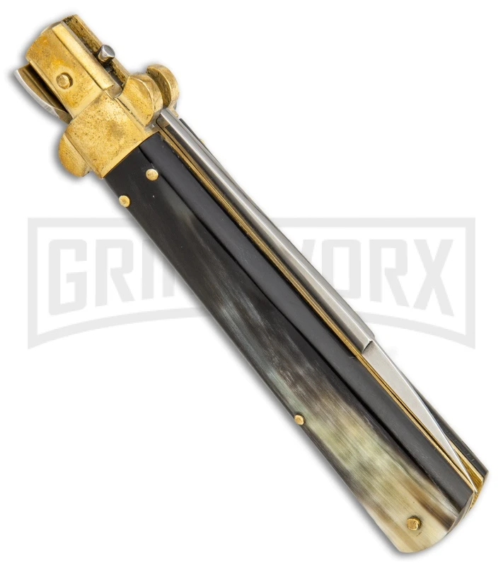 AGA Campolin 10" Brass/Dark Horn Italian Frosolone Automatic Knife - Bayonet 2 AGA Campolin 10" Brass/Dark Horn Italian Frosolone Automatic Knife - Bayonet - Image 2