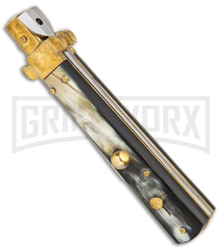 AGA Campolin 10" Brass/Dark Horn Italian Frosolone Automatic Knife - Bayonet 3 AGA Campolin 10" Brass/Dark Horn Italian Frosolone Automatic Knife - Bayonet - Image 3
