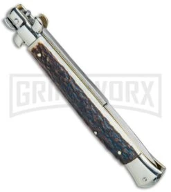 AGA Campolin 11" 2017 Italian Picklock Stag Automatic Knife - Bayonet -Kershaw Sale Store AGA Campolin 11in Picklock Italian Stiletto Stag Horn Satin BHQ 78222 jr side large