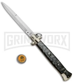 A.G.A. Campolin 18" Italian Stiletto Gray Ring Pull Automatic Knife - Bayo Satin -Kershaw Sale Store AGA Campolin 18in Italian Stiletto Silver Ring Pull Bayo BP 30462 jr bottlecap large