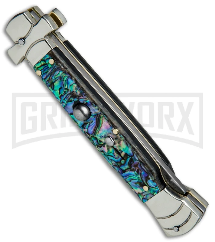 A.G.A. Campolin 9" Maltese Cross Abalone Stiletto Automatic Knife - Bayo Satin 2 A.G.A. Campolin 9" Maltese Cross Abalone Stiletto Automatic Knife - Bayo Satin - Image 2