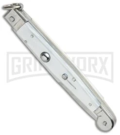 A.G.A. Campolin 9" Sicilian Ring Pull White Pearlex Automatic Knife - Bayonet -Kershaw Sale Store AGA Campolin 9in Sicilian White Pearlex Ring Pull Bayo BP 19445 jr spine large