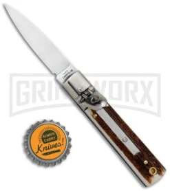 AGA 6" Mini Classic Lever Lock Stag Automatic Knife - Satin Plain -Kershaw Sale Store AGA Classic 6in LL Auto Italian Stag Satin GX 36958 jr bottlecap large