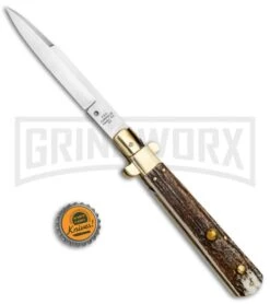 AGA Campolin 11" Frosolone Stag/Brass Stiletto Automatic Knife - Bayonet -Kershaw Sale Store AGA Frosolone Stag Brass 11in Bayo BP 29297 jr bottlecap large