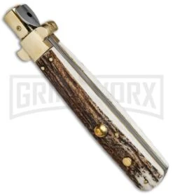 AGA Campolin 11" Frosolone Stag/Brass Stiletto Automatic Knife - Bayonet -Kershaw Sale Store AGA Frosolone Stag Brass 11in Bayo BP 29297 jr spine large