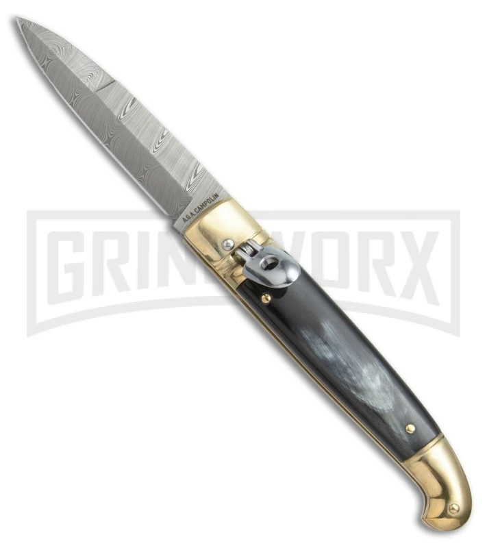 AGA Campolin Dark Horn Brass Lever Lock Automatic Knife - Damascus Plain 1 AGA Campolin Dark Horn Brass Lever Lock Automatic Knife - Damascus Plain