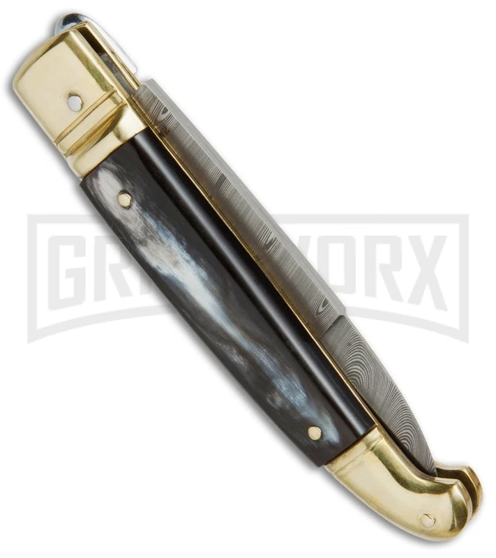 AGA Campolin Dark Horn Brass Lever Lock Automatic Knife - Damascus Plain 2 AGA Campolin Dark Horn Brass Lever Lock Automatic Knife - Damascus Plain - Image 2