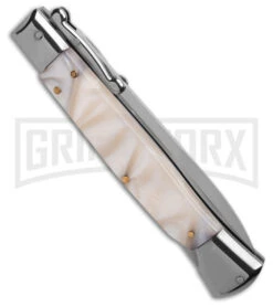 AKC Italian Stiletto Swinguard White Pearlex Automatic Knife - Polish Plain -Kershaw Sale Store AKC 10in Italian Stiletto Swinguard White Pearlex Automatic Knife Polish Plain GX 41442 hd side large