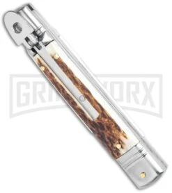 AKC 7.75" Slimline Lever Lock Stag Horn Automatic Knife - Clip Point Flat -Kershaw Sale Store AKC 7.5in Slimline LL Auto Stag Horn Satin Flat BHQ 122385 jr spine large