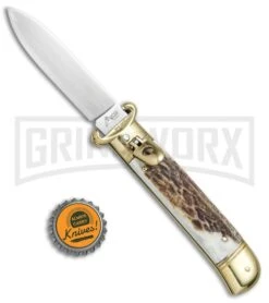 AKC 8" Shot Shell Puller Lever Lock Stag Automatic Knife - Flat Plain -Kershaw Sale Store AKC 8in Shot Puller Stag Horn LL Brass Satin Plain BP 25381 jr bottlecap large