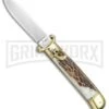 AKC 8" Shot Shell Puller Lever Lock Stag Automatic Knife - Flat Plain 9 AKC 8" Shot Shell Puller Lever Lock Stag Automatic Knife - Flat Plain -Kershaw Sale Store AKC 8in Shot Puller Stag Horn LL Brass Satin Plain BP 25381 jr large