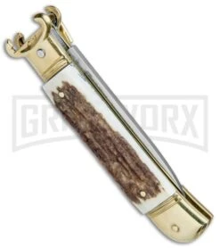 AKC 8" Shot Shell Puller Lever Lock Stag Automatic Knife - Flat Plain -Kershaw Sale Store AKC 8in Shot Puller Stag Horn LL Brass Satin Plain BP 25381 jr side large