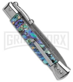 AKC 9" Italian Stiletto Swinguard Abalone Automatic Knife W/Box (3.8" Damascus) -Kershaw Sale Store AKC 9in Italian Stiletto Swinguard Abalone Automatic Knife w Box GX 45652 td side large