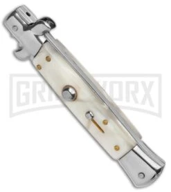 9"Anomaly Stiletto White Pearlex Automatic Knife - Satin Bayonet -Kershaw Sale Store AKC 9in Stiletto White Pearlex Auto Bayo GX 37958 jr spine large