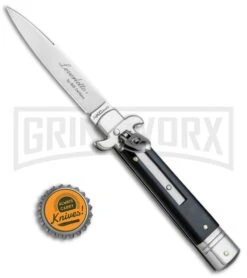 AKC Bill DeShivs 7.5" Leverletto Ebony Wood Automatic Knife - Satin Plain -Kershaw Sale Store AKC Bill DeShivs Leverletto Ebony Wood Satin Plain BP 26642 jr bottlecap large