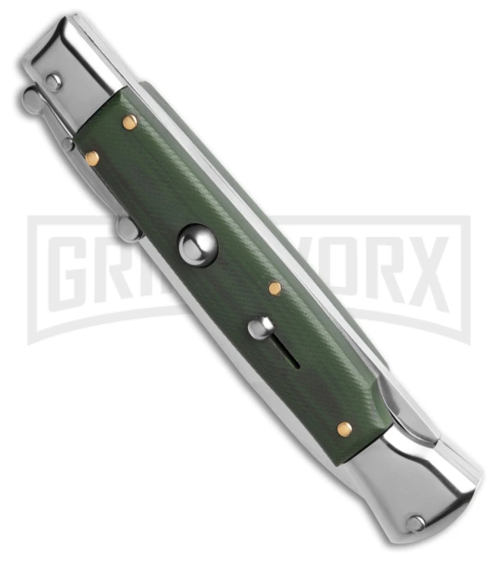 AKC World Green G-10 9" Automatic Swinguard - Polished Bayonet Blade 2 AKC World Green G-10 9" Automatic Swinguard - Polished Bayonet Blade - Image 2