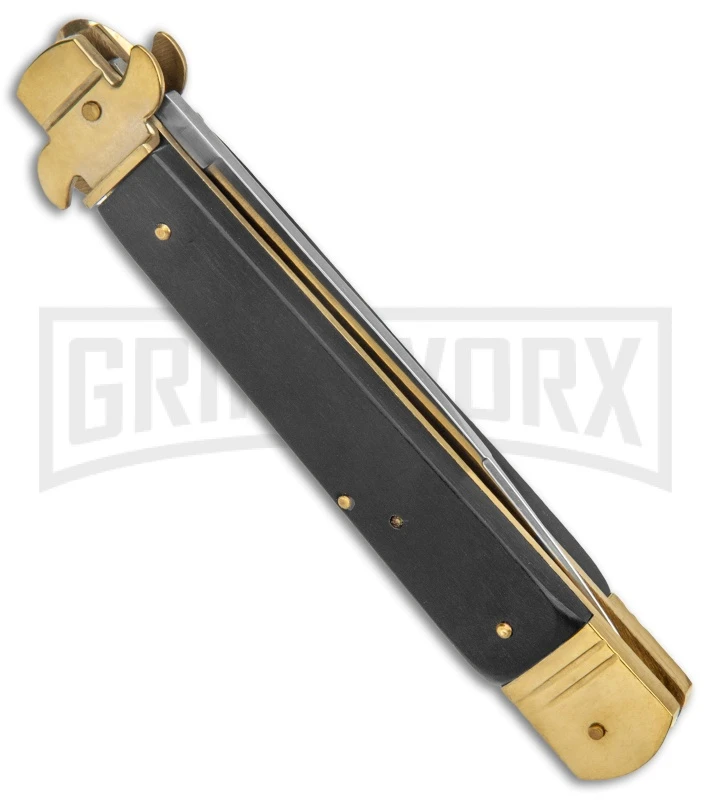 AKC 9" Leverletto Ebony Wood Brass Automatic Knife - Flat Grind 3 AKC 9" Leverletto Ebony Wood Brass Automatic Knife - Flat Grind - Image 3