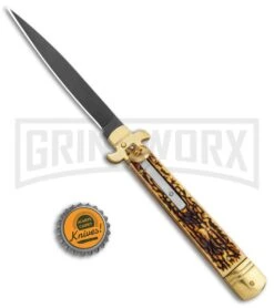 AKC 9" Leverletto Stag Horn Brass Black Automatic Knife - Flat Grind -Kershaw Sale Store AKC Leverletto 9in LL Auto Italian Brass Stag Horn Black BHQ 135092 jr bottlecap large