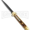 AKC 9" Leverletto Stag Horn Brass Black Automatic Knife - Flat Grind 9 AKC 9" Leverletto Stag Horn Brass Black Automatic Knife - Flat Grind -Kershaw Sale Store AKC Leverletto 9in LL Auto Italian Brass Stag Horn Black BHQ 135092 jr large
