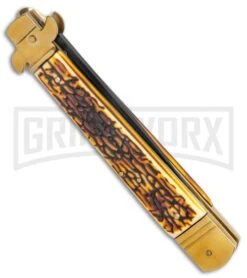 AKC 9" Leverletto Stag Horn Brass Black Automatic Knife - Flat Grind -Kershaw Sale Store AKC Leverletto 9in LL Auto Italian Brass Stag Horn Black BHQ 135092 jr side large