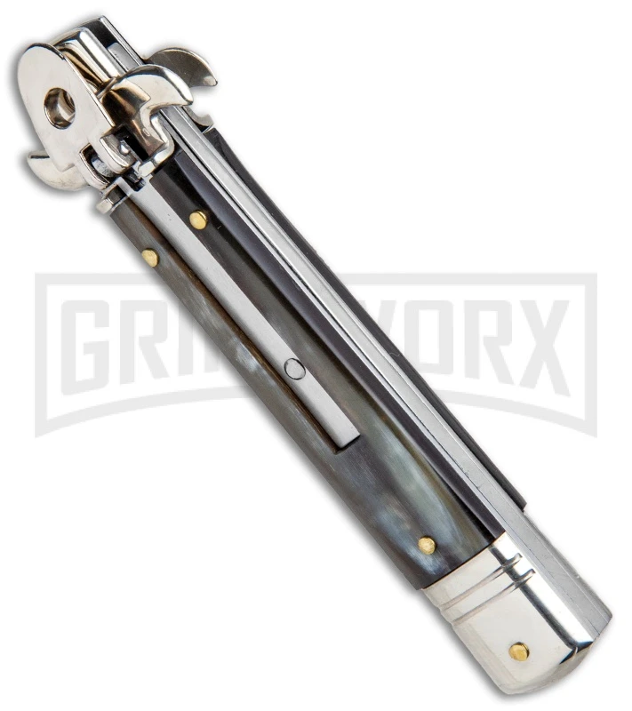 AKC 7.75" Leverletto Honey Horn Automatic Knife - Satin Bayonet 2 AKC 7.75" Leverletto Honey Horn Automatic Knife - Satin Bayonet - Image 2