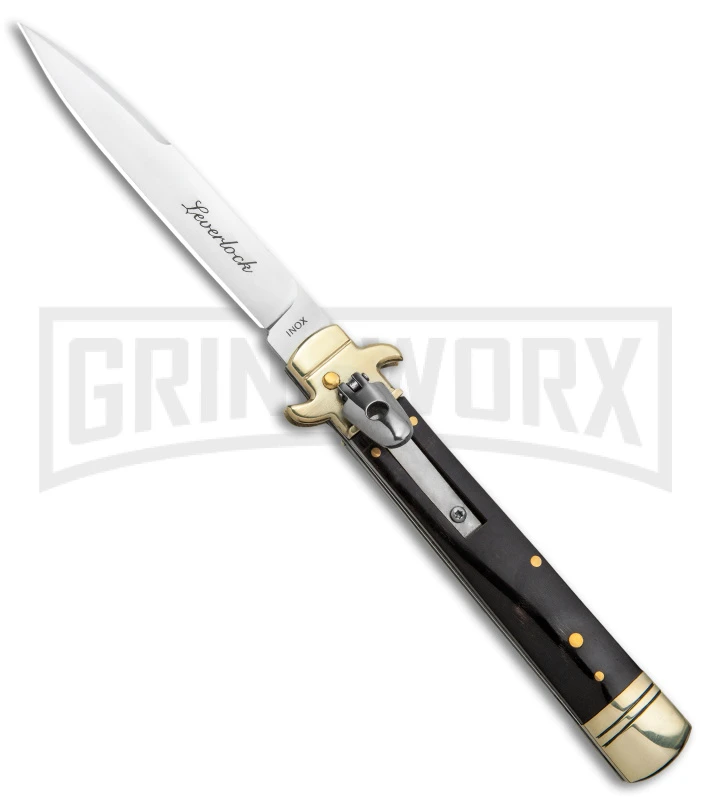 AKC 9" Ebony Leverlock Automatic Stiletto Bayonet Knife - Satin Plain 1 AKC 9" Ebony Leverlock Automatic Stiletto Bayonet Knife - Satin Plain
