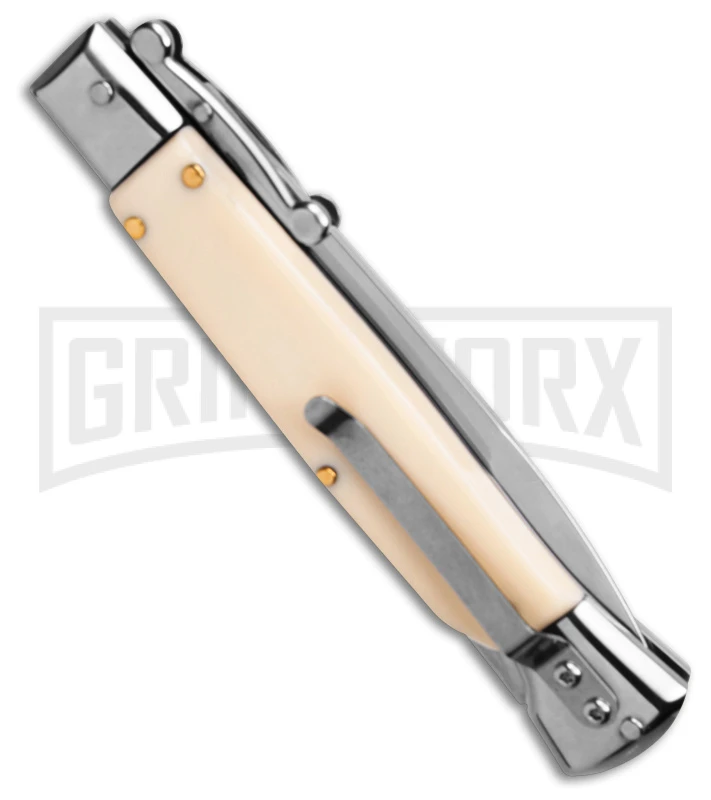 AKC 9" Italian Stiletto Swinguard Sim Ivory Automatic Knife - Polish Plain 3 AKC 9" Italian Stiletto Swinguard Sim Ivory Automatic Knife - Polish Plain - Image 3