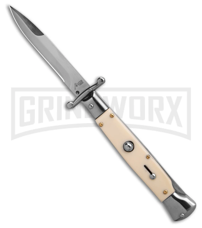 AKC 9" Italian Stiletto Swinguard Sim Ivory Automatic Knife - Polish Plain 1 AKC 9" Italian Stiletto Swinguard Sim Ivory Automatic Knife - Polish Plain