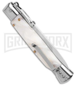 AKC 9" Italian Stiletto Swinguard White Pearlex Automatic Knife W/Box - Polish -Kershaw Sale Store AKC Swinguard 9in Automatic Italian Stiletto White Pearlex W Box 4in Bayonet BHQ 189013 td side large