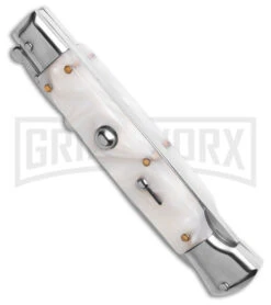 AKC 9" Italian Stiletto Swinguard White Pearlex Automatic Knife W/Box - Polish -Kershaw Sale Store AKC Swinguard 9in Automatic Italian Stiletto White Pearlex W Box 4in Bayonet BHQ 189013 td spine large