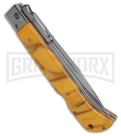 AKC World 11" Roma Yellow PearlexAutomatic Swinguard- Drop Point Plain -Kershaw Sale Store AKC World 11in Roma Drop Point Automatic Swinguard Yellow Pearlex 4in Polished GX 46732 td side large