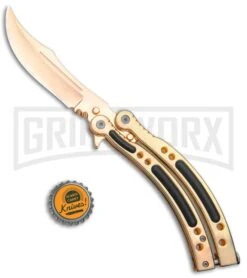 Andux CS Gold Balisong Butterfly Knife W/Black Inlays- Plain 7 Andux CS Gold Balisong Butterfly Knife W/Black Inlays- Plain -Kershaw Sale Store Andux CS Gold Balisong Butterfly Black Inlay Bowie Plain GX 35606 jr bottlecap large