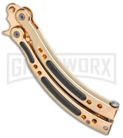 Andux CS Gold Balisong Butterfly Knife W/Black Inlays- Plain 6 Andux CS Gold Balisong Butterfly Knife W/Black Inlays- Plain -Kershaw Sale Store Andux CS Gold Balisong Butterfly Black Inlay Bowie Plain GX 35606 jr side large