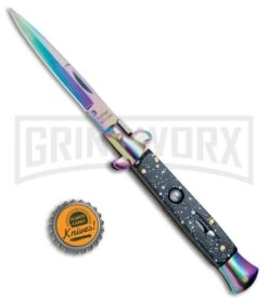 Anomaly 9" Black Speckle Stiletto Style Automatic Knife - Spectrum Plain -Kershaw Sale Store Anomaly 9in Black Speckle Stiletto Style Auto Spectrum Plain A150PR BP 25375 jr bottlecap large