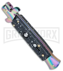 Anomaly 9" Black Speckle Stiletto Style Automatic Knife - Spectrum Plain -Kershaw Sale Store Anomaly 9in Black Speckle Stiletto Style Auto Spectrum Plain A150PR BP 25375 jr spine large