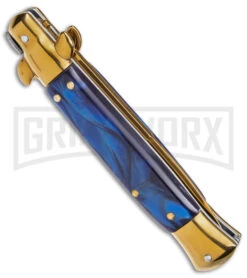 9" Anomaly Stiletto Blue Pearlex Automatic Knife - Gold Bayo -Kershaw Sale Store Anomaly 9in stiletto blue pealex ak gold bayo gx 39374 td side large