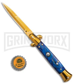 9" Anomaly Stiletto Blue Pearlex Automatic Knife - Gold Bayo -Kershaw Sale Store Anomaly 9in stiletto blue pealex ak gold bayo gx 39374 td size large