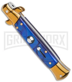 9" Anomaly Stiletto Blue Pearlex Automatic Knife - Gold Bayo -Kershaw Sale Store Anomaly 9in stiletto blue pealex ak gold bayo gx 39374 td spine large