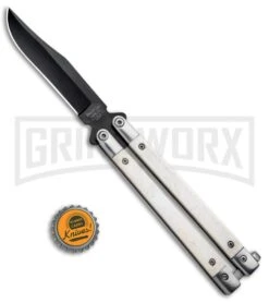 Bear And Son White Smooth Bone Balisong Butterfly Knife - Black Plain -Kershaw Sale Store Bear Butterfly Knife White Smooth Bone Handle Black WSB17 BHQ 14380 jr bottlecap large