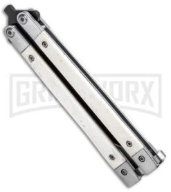 Bear And Son White Smooth Bone Balisong Butterfly Knife - Black Plain -Kershaw Sale Store Bear Butterfly Knife White Smooth Bone Handle Black WSB17 BHQ 14380 jr side large